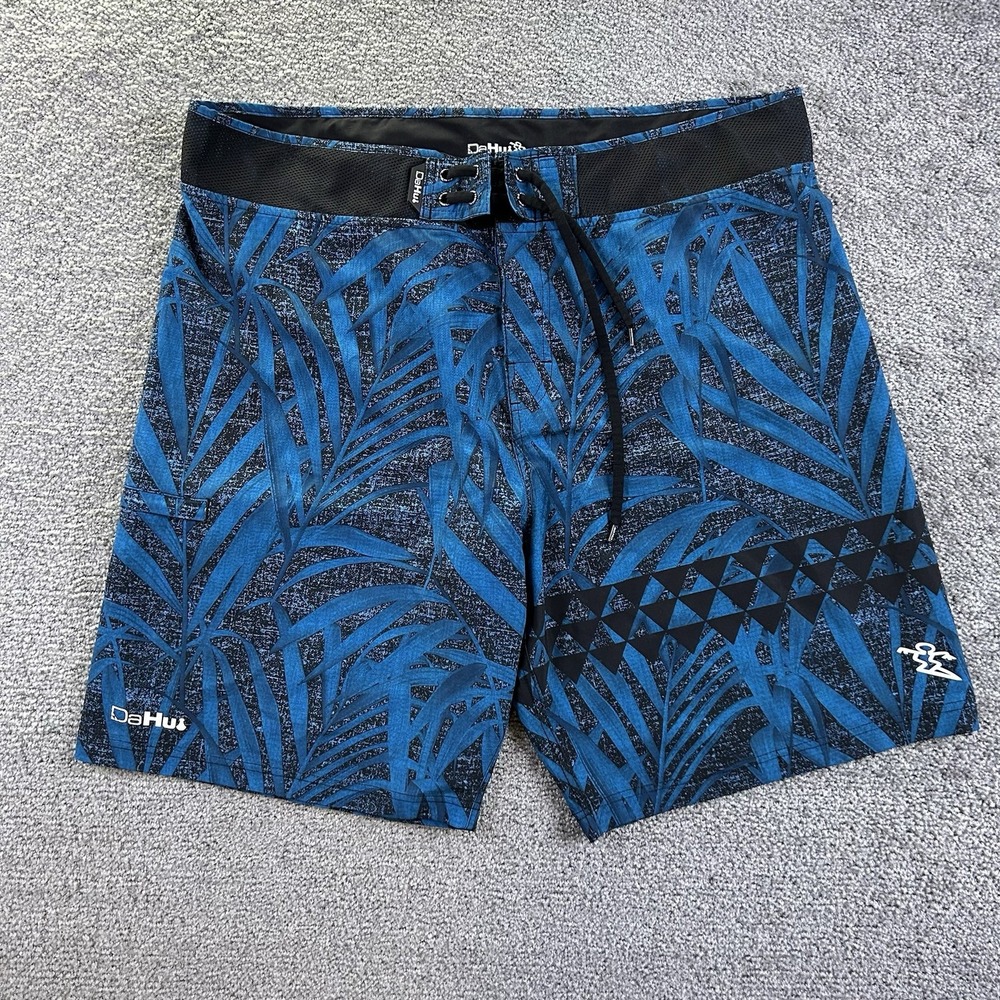 Da Hui Mens Blue Palm Print Board Shorts Swim Trunks Size 40 Pockets Hawaiian